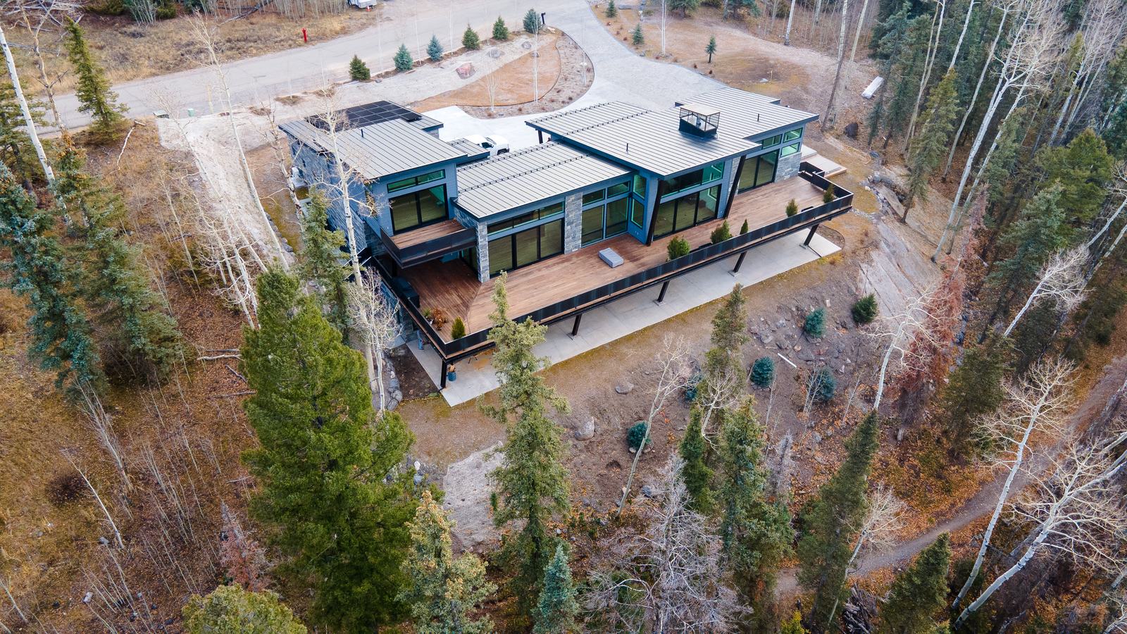 Aerial view at 110 Lawson Overlook, built by UltraBuilders in Mountain Village, Colorado
