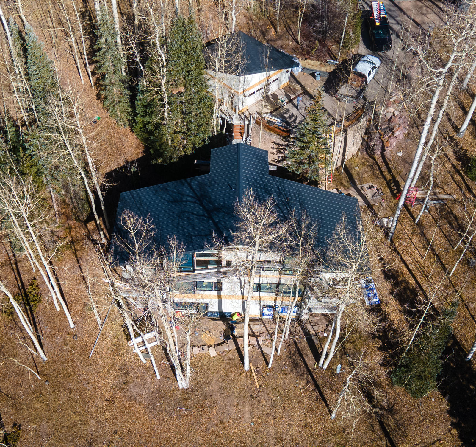 Aerial view at 1145 Elk Run, built by UltraBuilders in Telluride, Colorado
