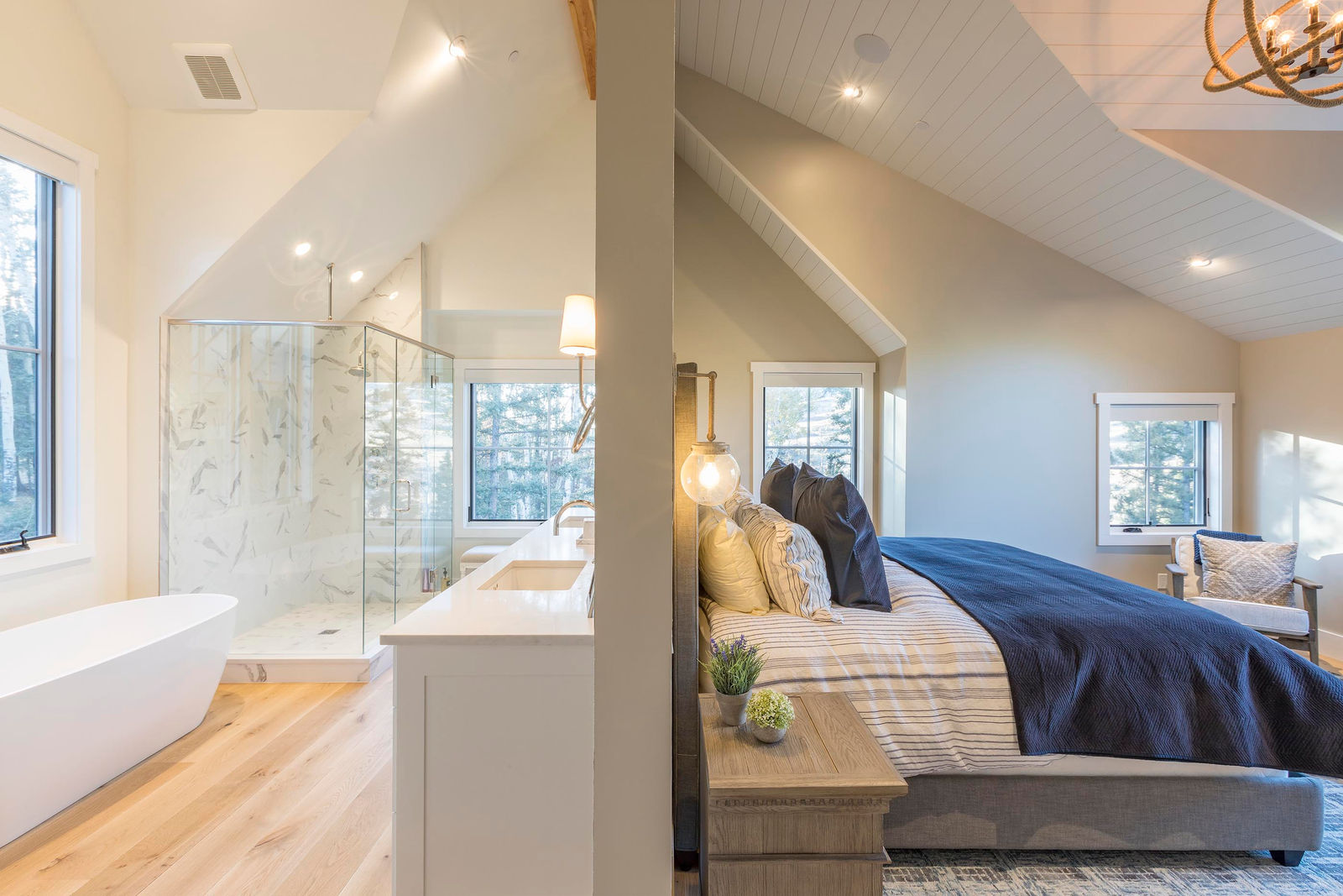 Primary bathroom and bedroom at 108 Lawson Overlook, built by UltraBuilders in Mountain Village, Colorado