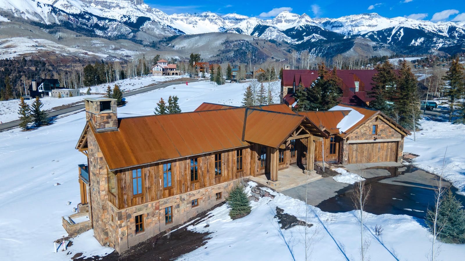 Aerial view at 125 Russell Drive, built by UltraBuilders in Mountain Village, Colorado
