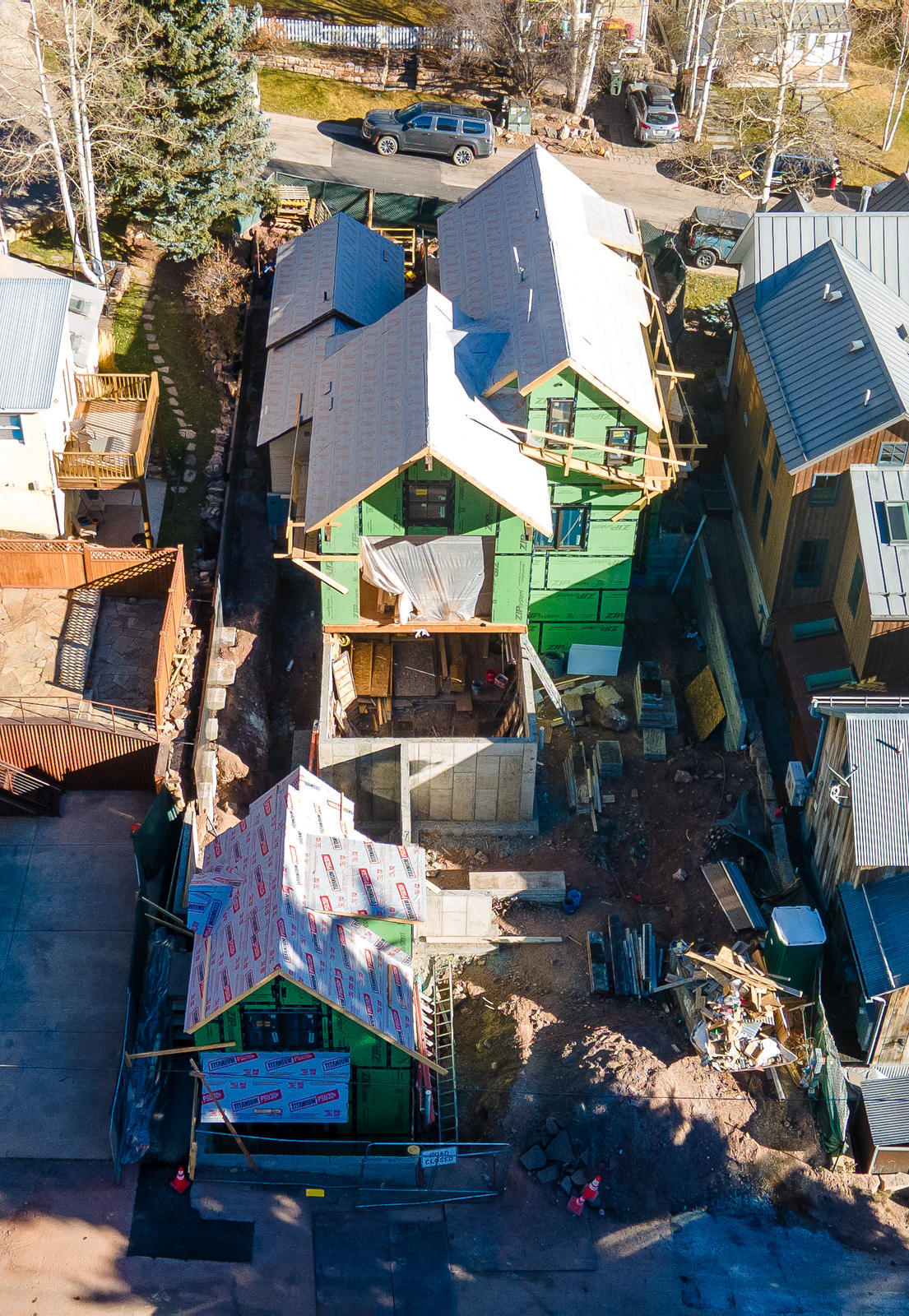 Aerial view of the site at 225 North Willow Street, built by UltraBuilders in Telluride, Colorado