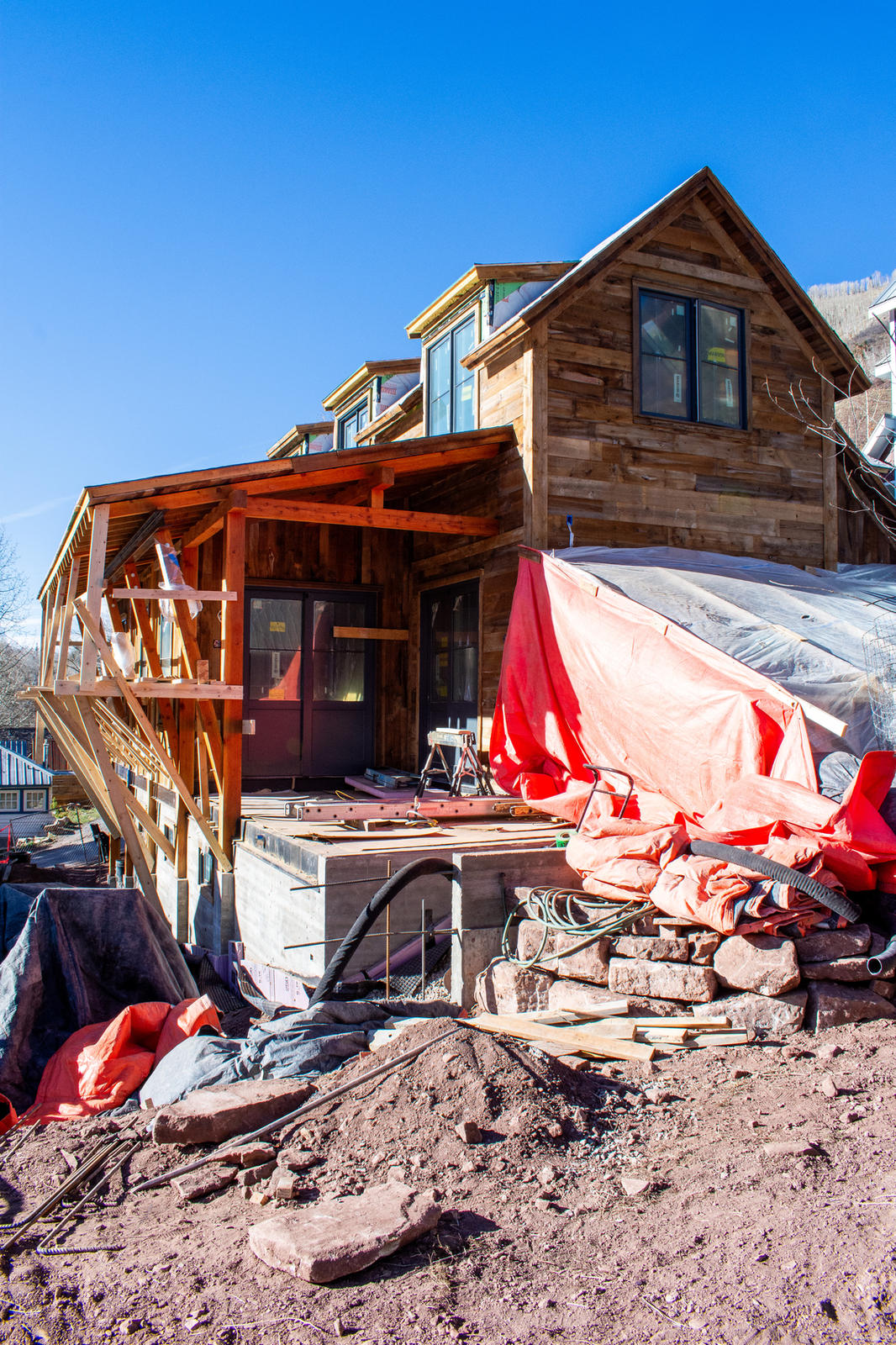 Exterior under construction at 306 North Willow Street, built by UltraBuilders in Telluride, Colorado