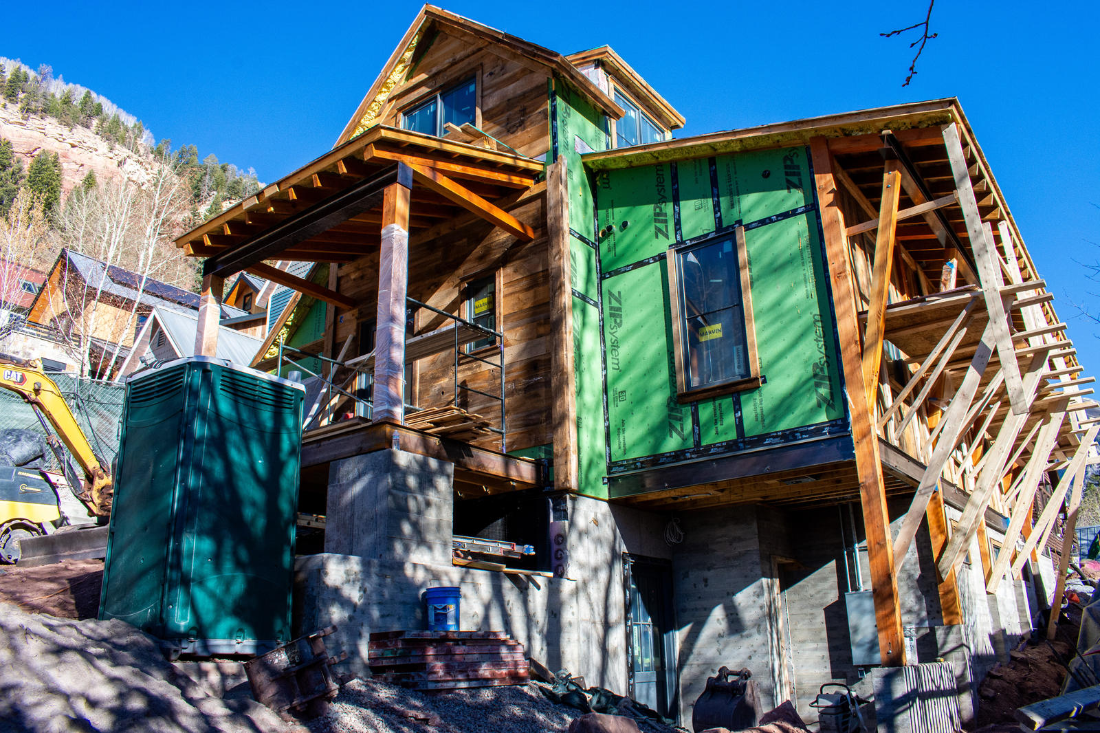 Exterior under construction at 306 North Willow Street, built by UltraBuilders in Telluride, Colorado